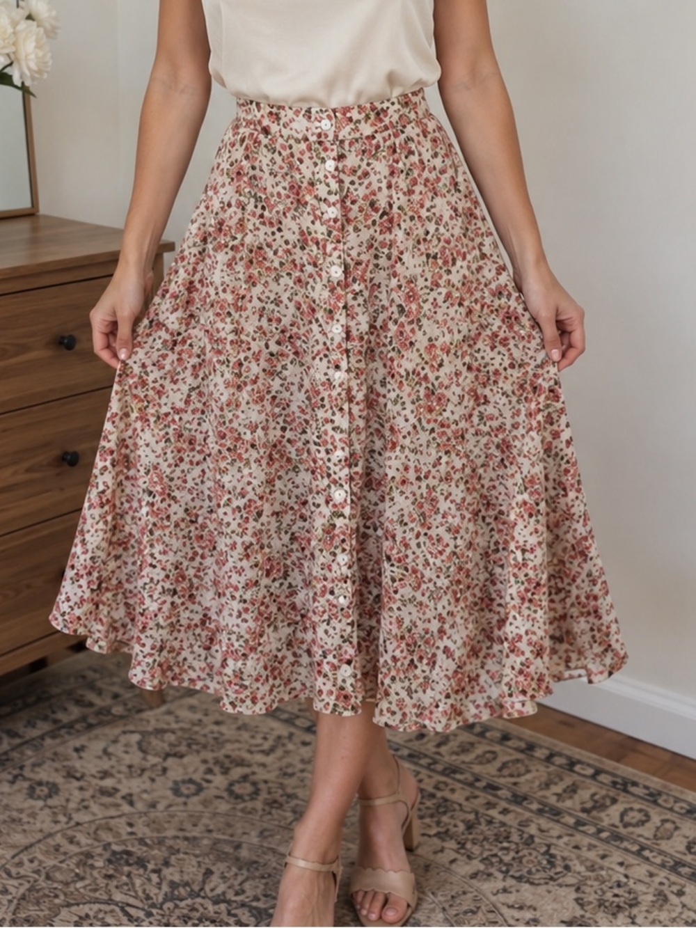 Vintage 100% Silk Floral Midi Skirt Cottagecore Prairie Romantic Coquette Luxury